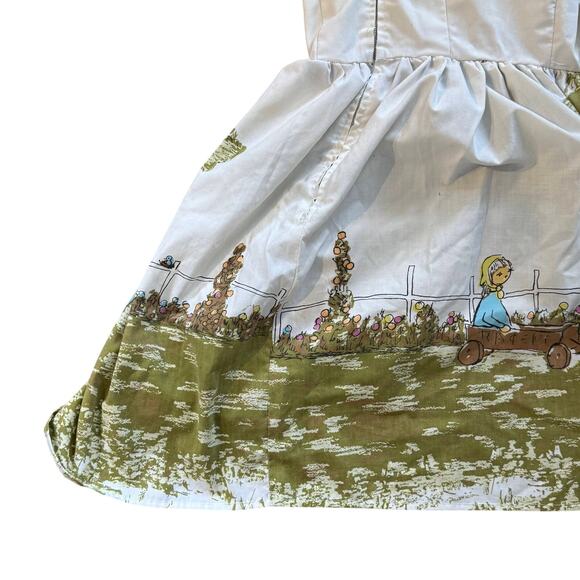 Vintage 70s Handmade Flavia Print Sundress Women’s Cream Green Fit & Flare Dress - Picture 13 of 16